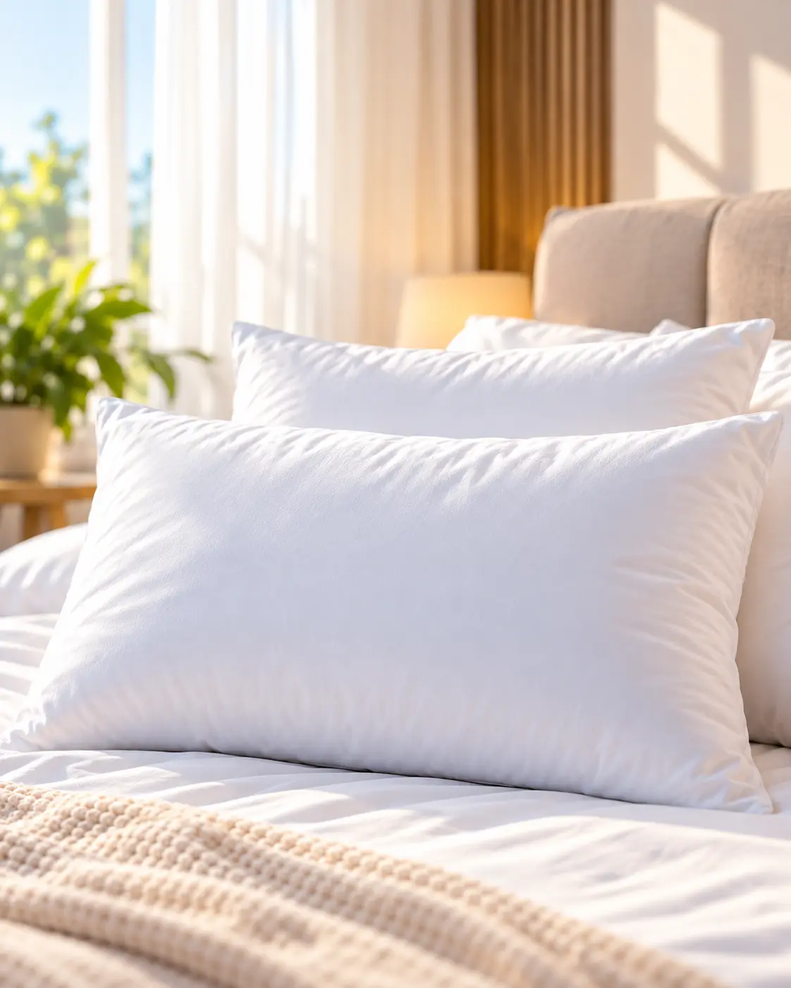 Almohadas blancas de 40 x 60 cm sobre una cama tendida