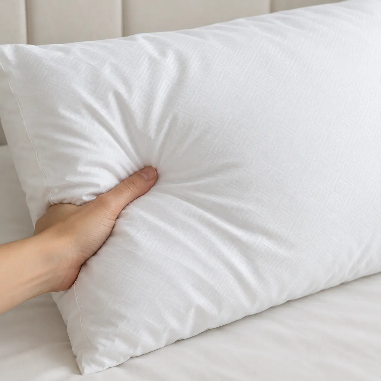 Mano presionando una almohada blanca que muestra su relleno esponjoso