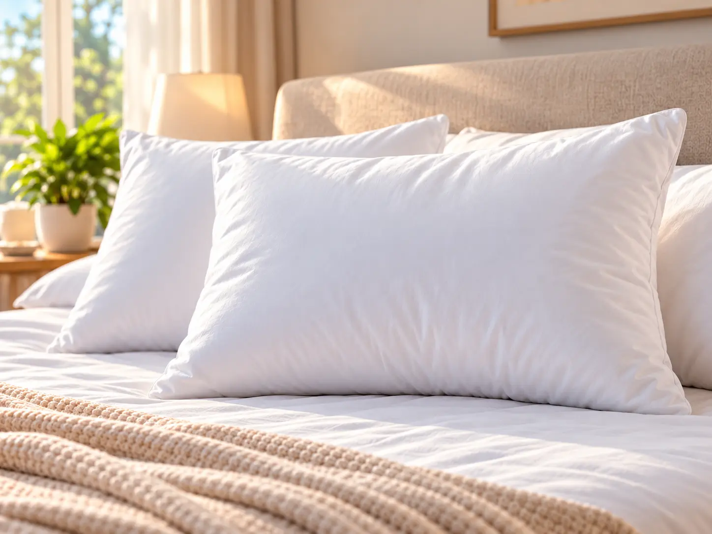 Cama tendida con almohadas blancas en una habitación iluminada