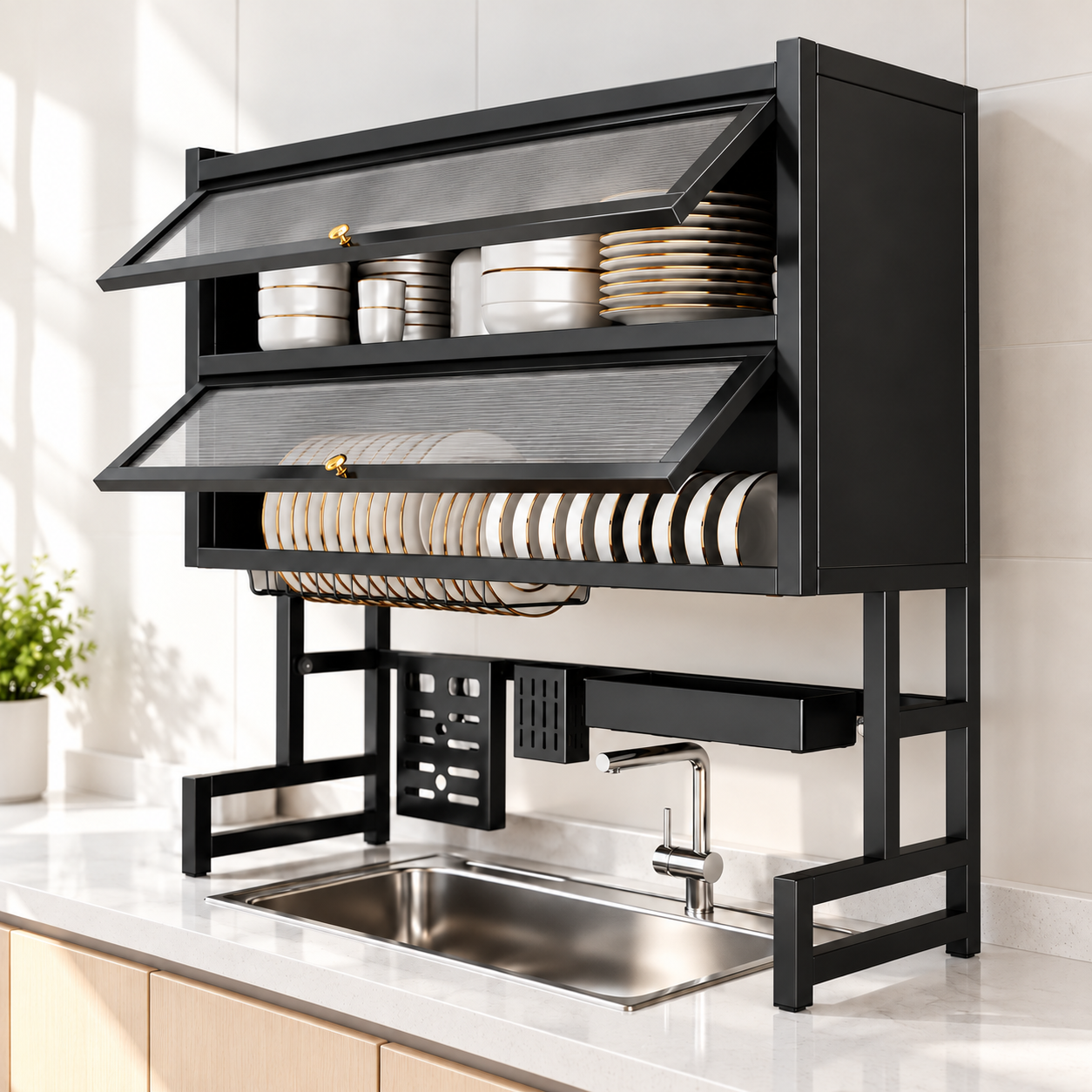 Escurridor de platos negro de 2 niveles con puertas sobre el lavaplatos