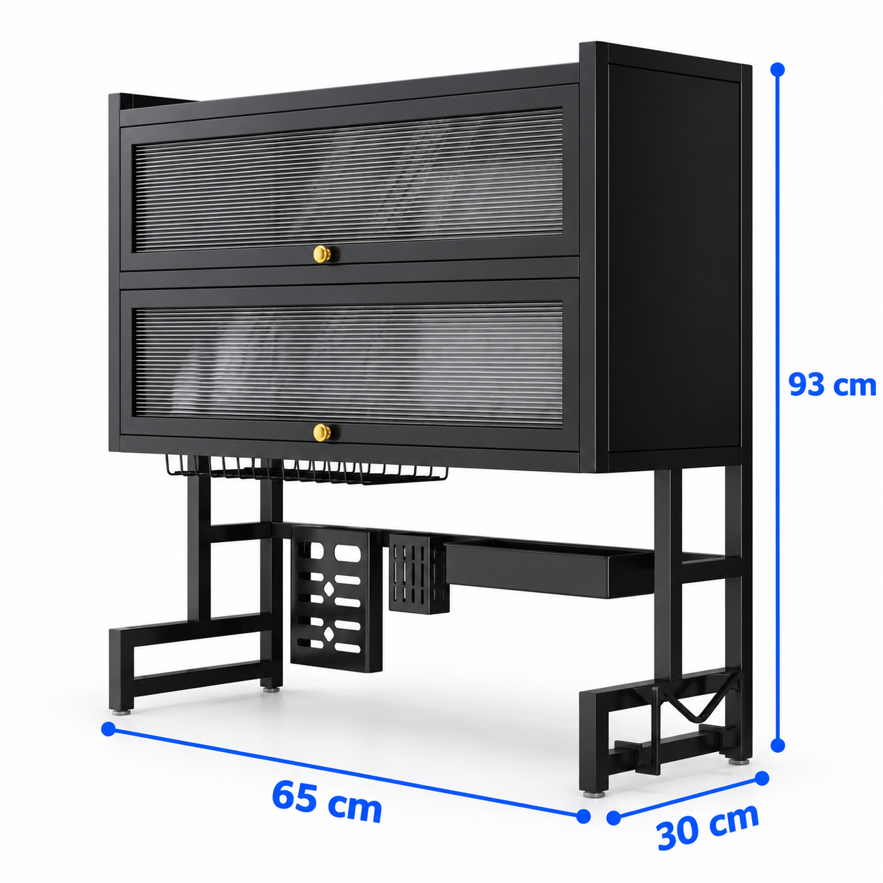 Escurridor negro de 2 niveles con sus medidas: 93 cm de alto, 65 cm de ancho y 30 cm de fondo