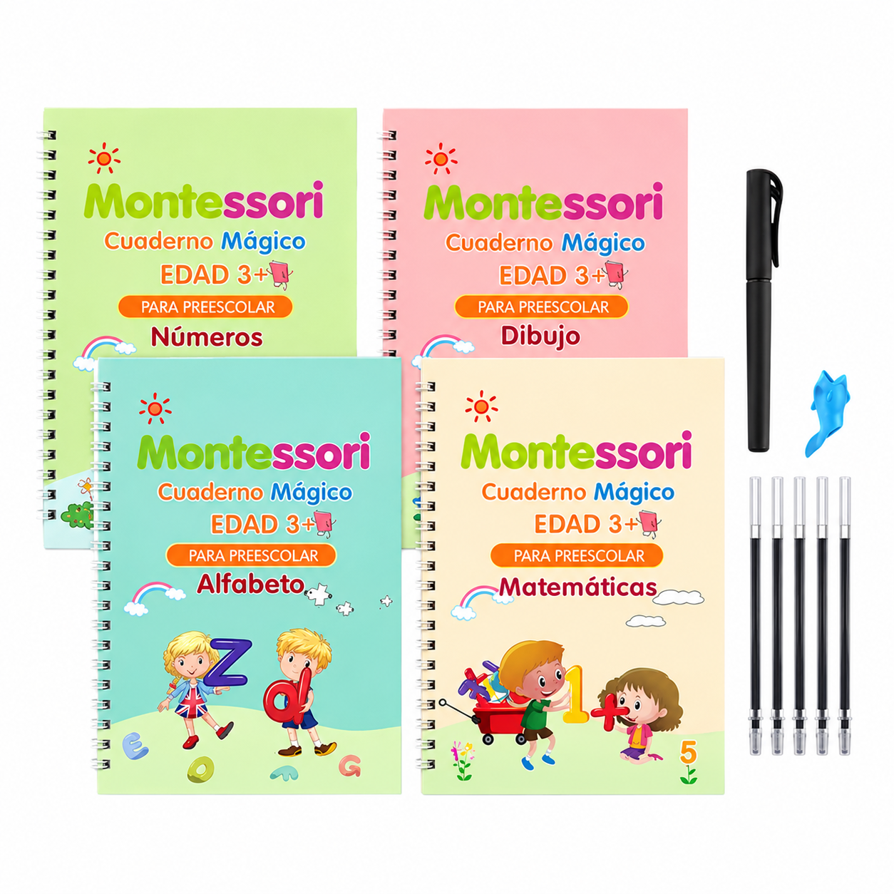 Kit de caligrafía Montessori: 4 cuadernos mágicos, lapicero, soporte y 5 repuestos de tinta