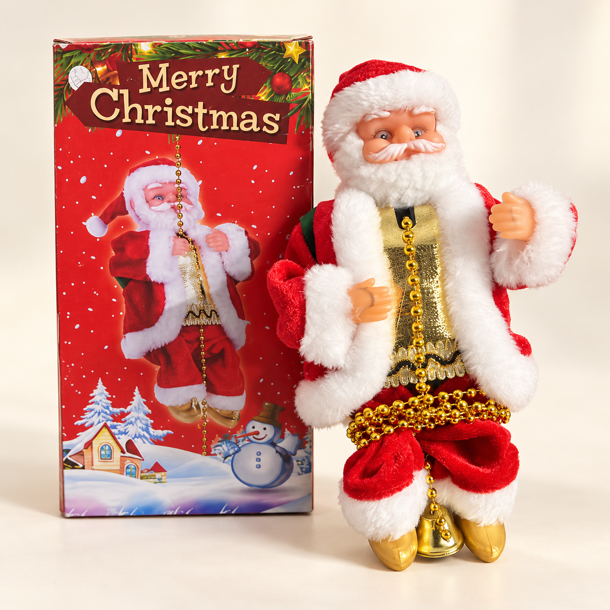 Papá Noel escalador junto a su caja Merry Christmas